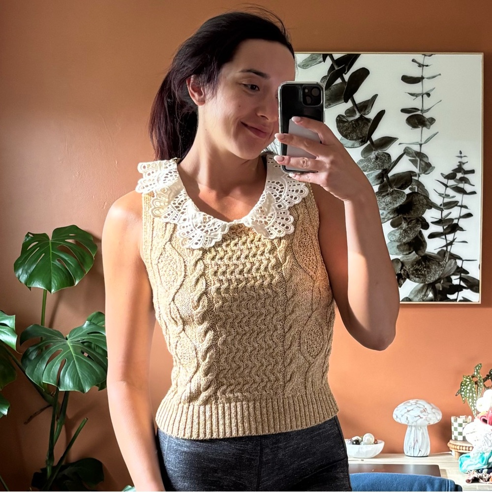 Anthropologie Beige Knit Sleeveless Top with Ruffle Collar